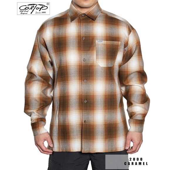 Caltop Old School Flannel Shirt Men L Brown Tan Plaid‎ USA Made Cholo Streetwear - Picture 1 of 10